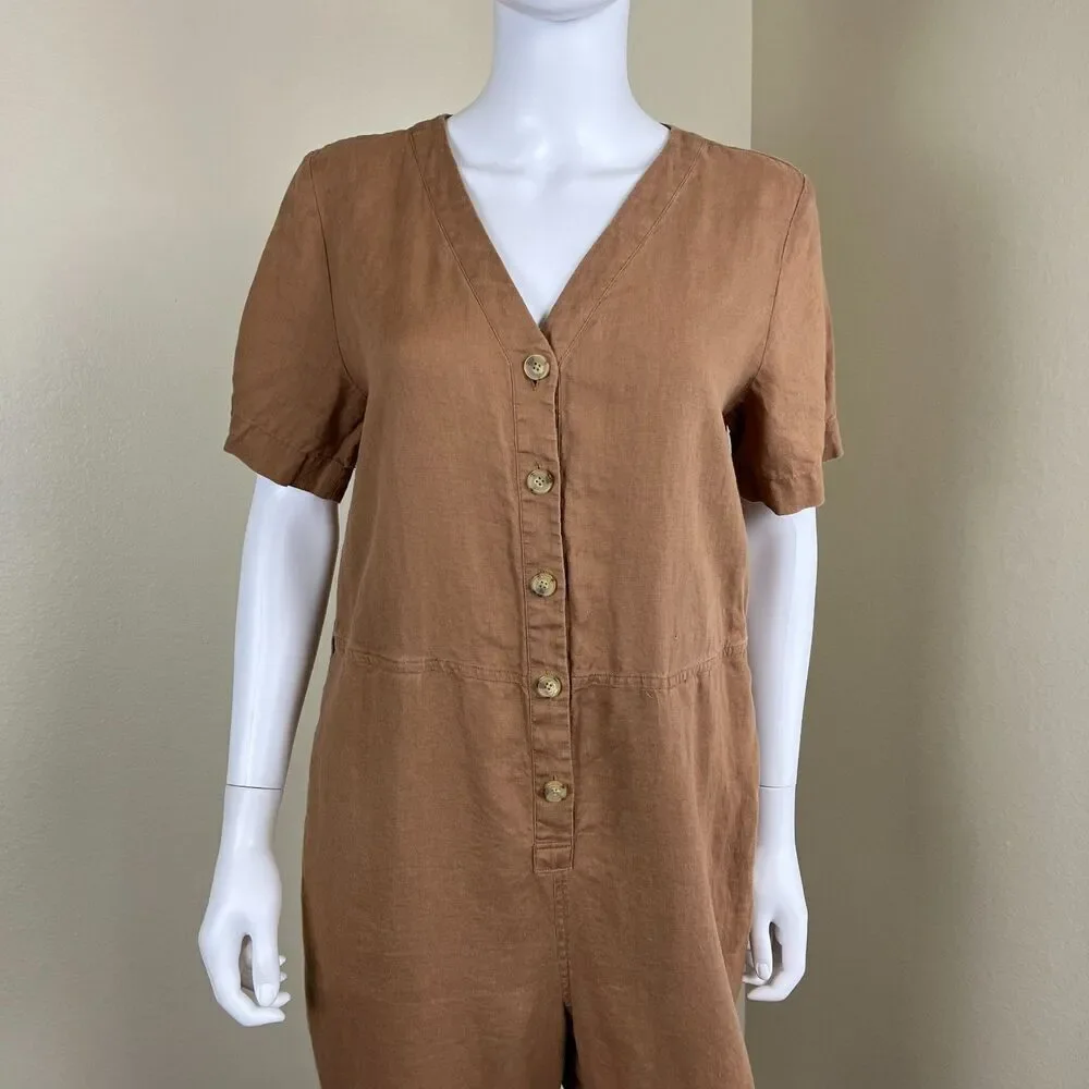 Everlane Women's Size 8 Camel Linen Straight Leg Cropped Jumpsuit Causal Minimal